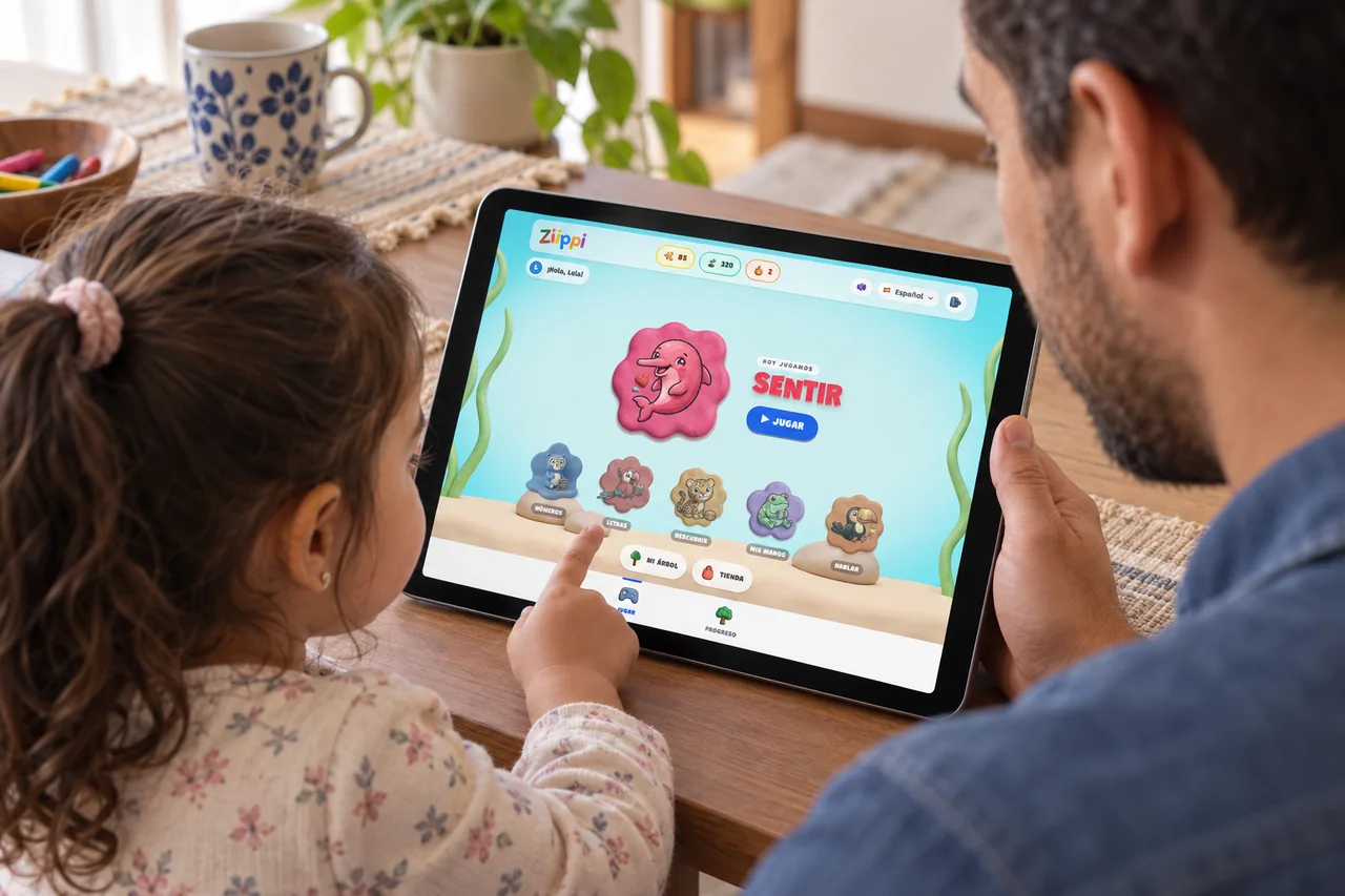 Padre e hija eligen juntos el área Sentir de Ziippi en una tablet horizontal.